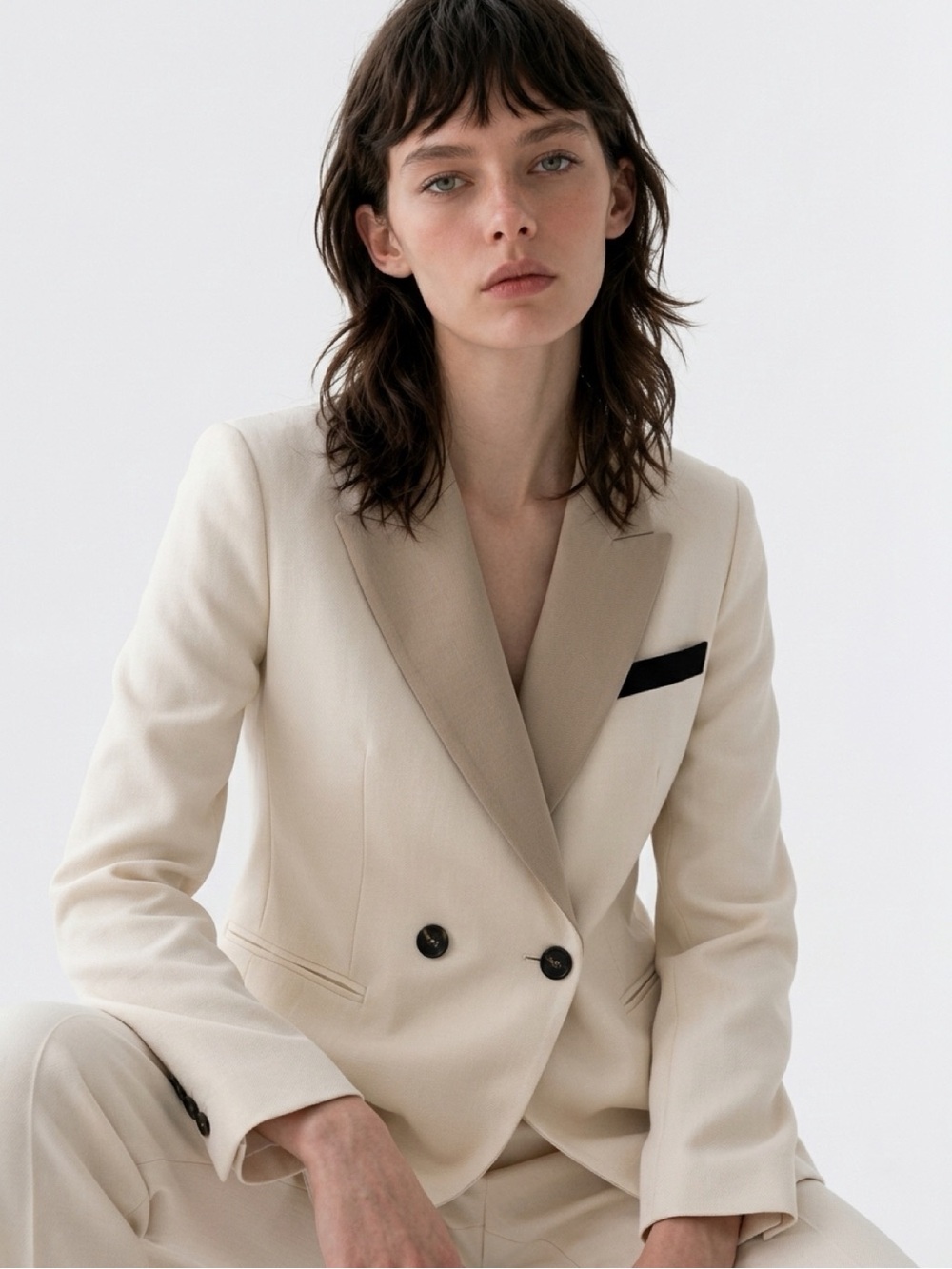 Tailored Cream Double-Breasted Blazer with matching pant suit by Melanie Lyne.